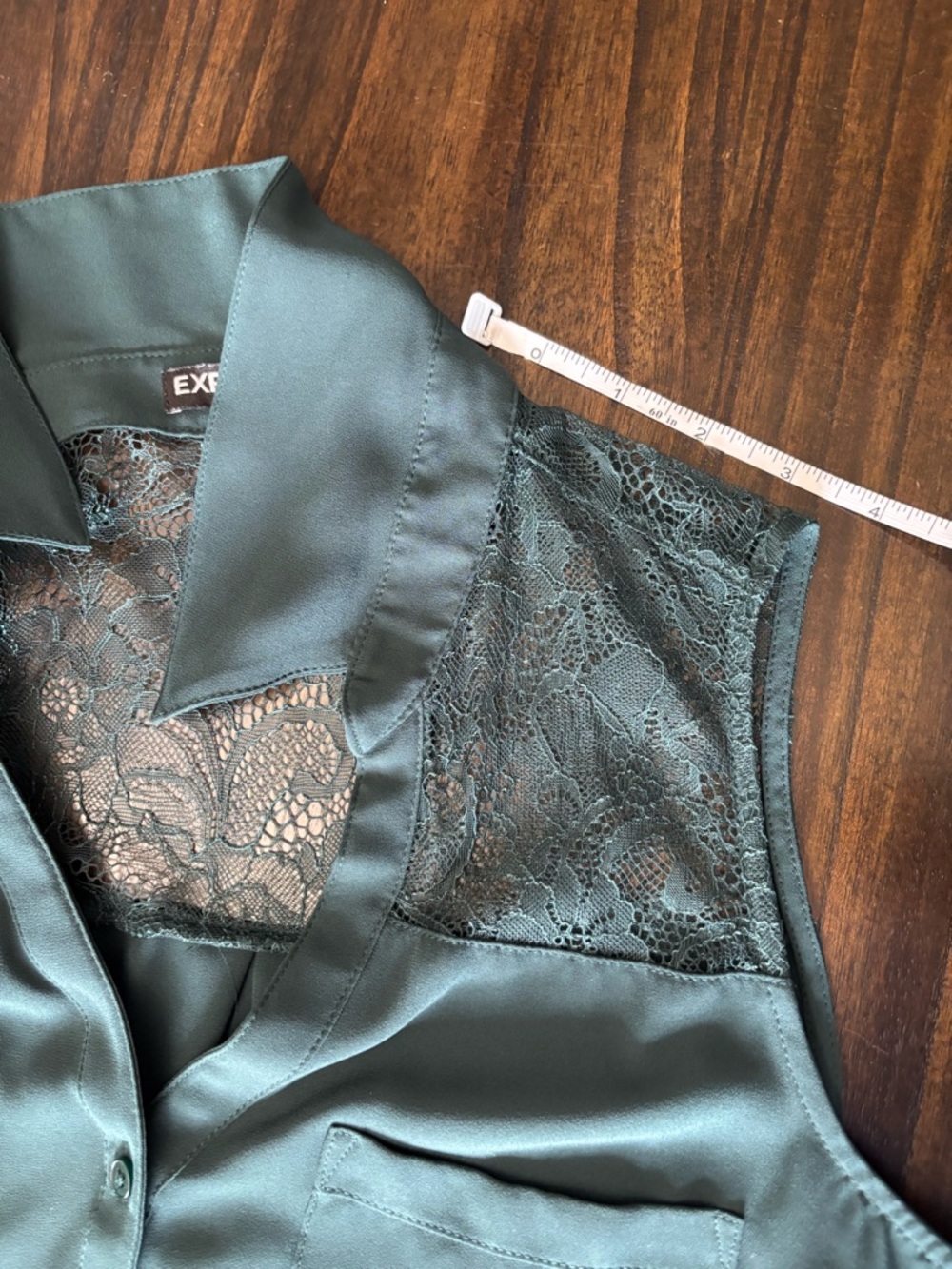 Express Sleeveless Lace Yoke Blouse Dark Green Button Front Size M - Picture 6 of 8